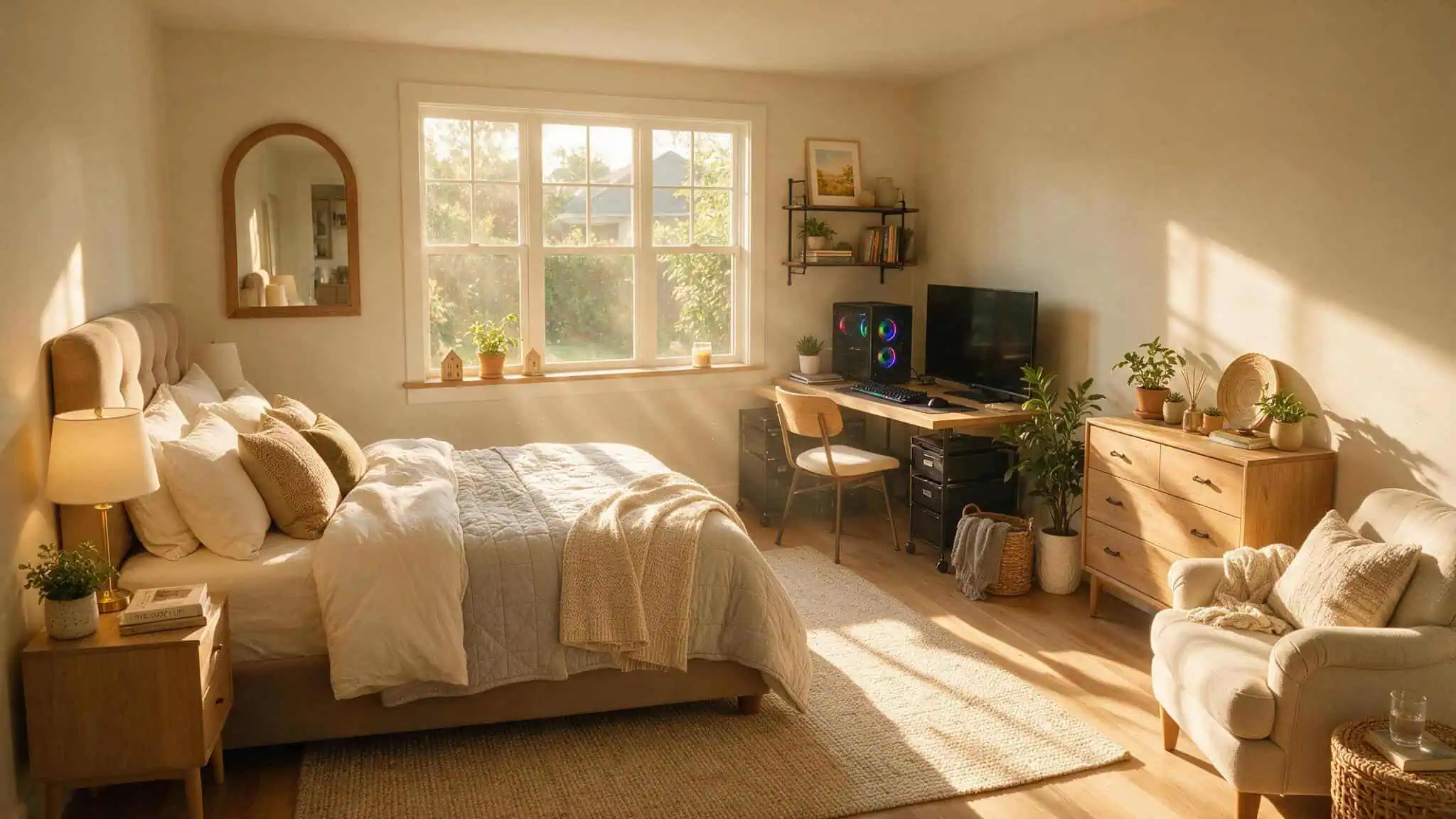 What Size Window AC for a 12x12 Room? The Exact 5,000 BTU Baseline (and When You Need 6,000) 4 A sunny 12x12 bedroom with a south-facing window, desktop computer, and TV adding heat load.