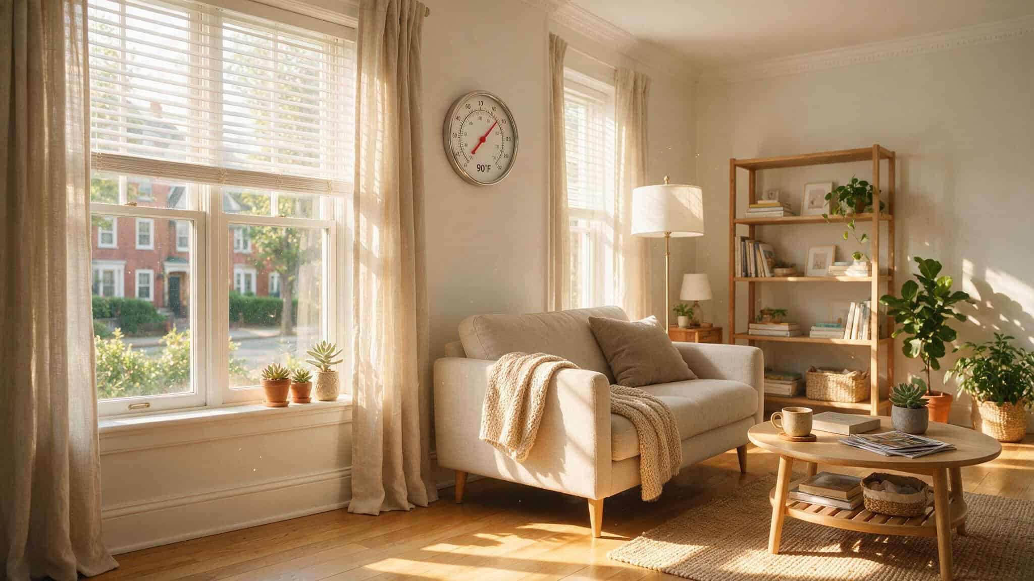 5000 BTU Air Conditioner Room Size in Meters: Exact Square Meters You Can Cool 2 Sunlit room with west-facing window and thermometer showing heat load adjustment for AC sizing