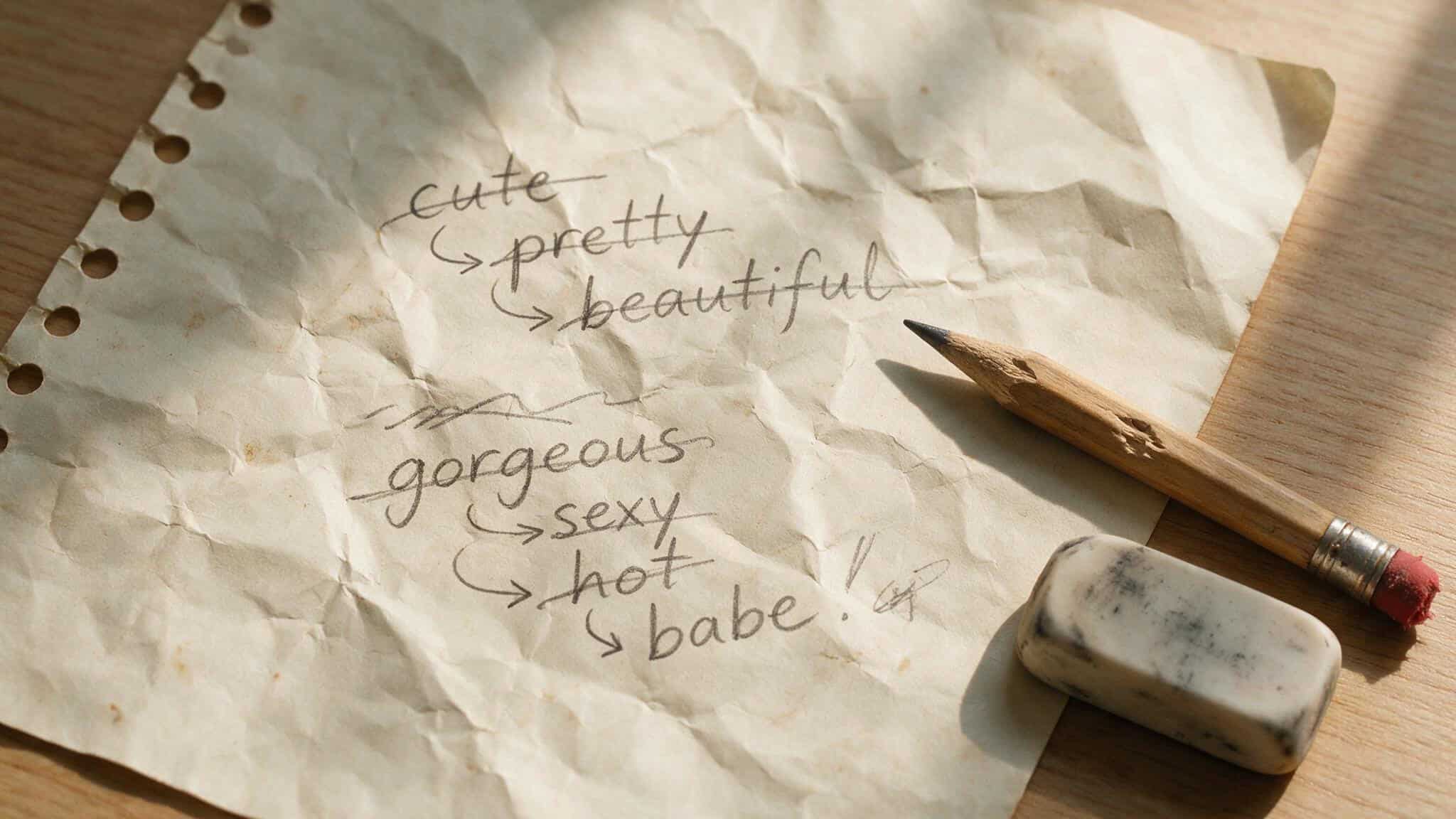 What Is Slang for Hot Girl? 473 Terms, But Only 10 You Should Actually Use 2 Handwritten list of slang terms for an attractive woman on crumpled notebook paper with crossings out.