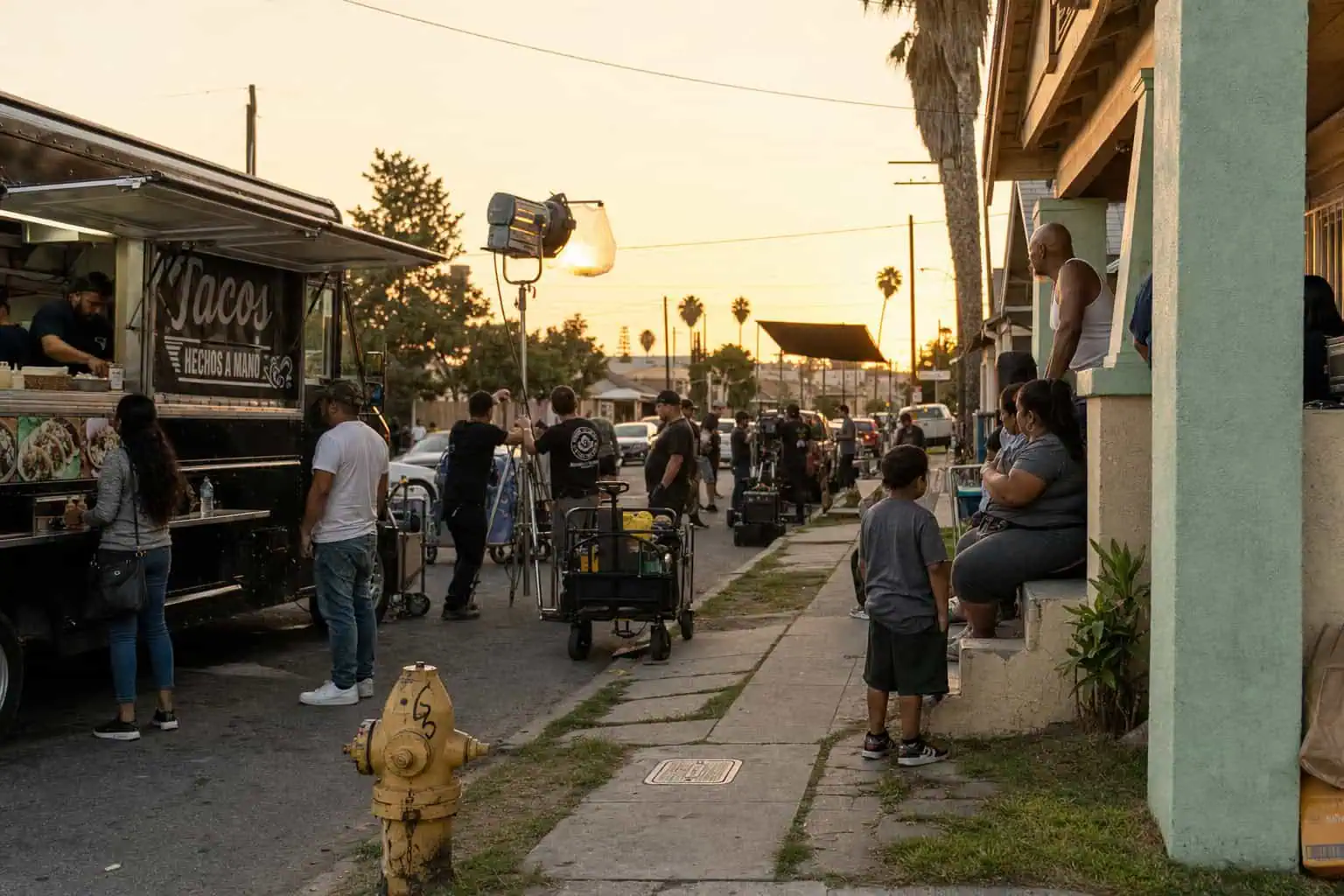 071 Crew Bakersfield: The Real Story Behind Shia LaBeouf's Gang in The Tax Collector 6 Film crew and local residents enjoying a block party atmosphere during The Tax Collector shoot