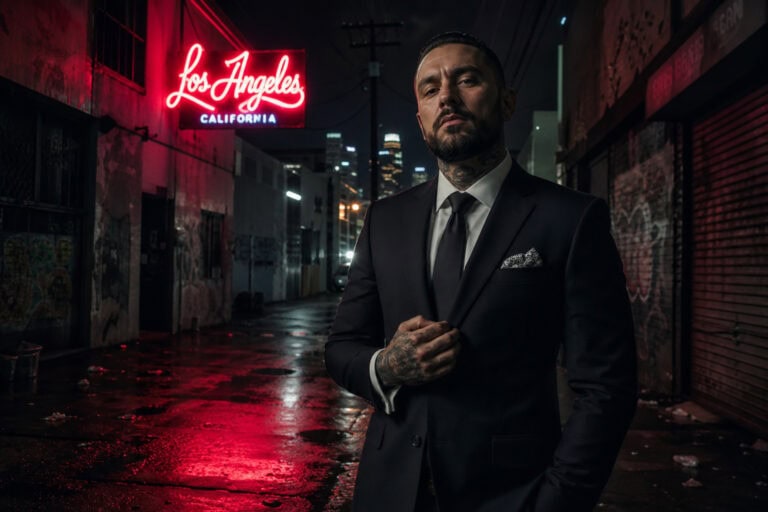 Shia LaBeouf as Creeper in a dark suit in a rainy LA alley