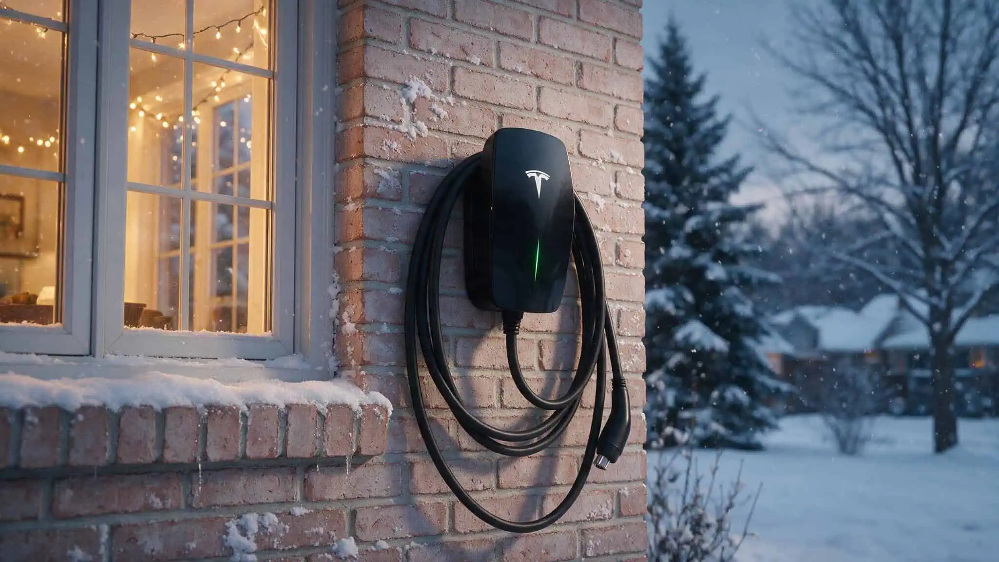Best Level 2 Home EV Chargers 2026: IYILO Scored 103/100 3 Tesla Wall Connector Gen 3 hardwired on brick wall in snowy winter setting