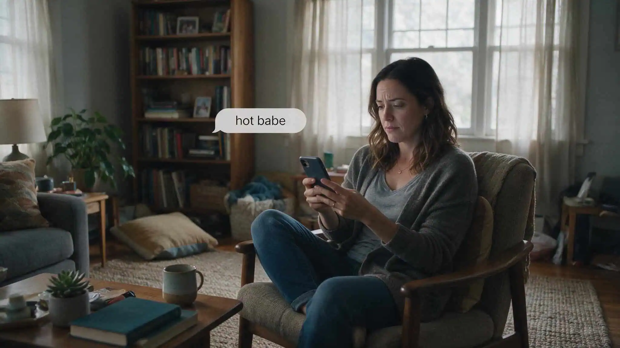 Woman reading a text message with hot babe on screen, illustrating the ambiguity of decoding intentions over text.