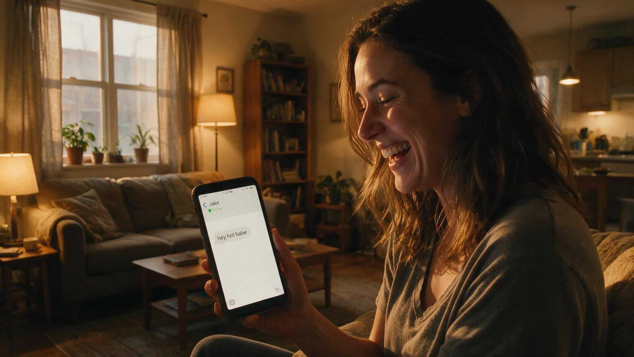 What 'Hot Babe' Really Means in a Relationship — From a Guy Who Uses It 2 Woman smiling at a phone showing a 'hey hot babe' text, representing mixed signals in dating.