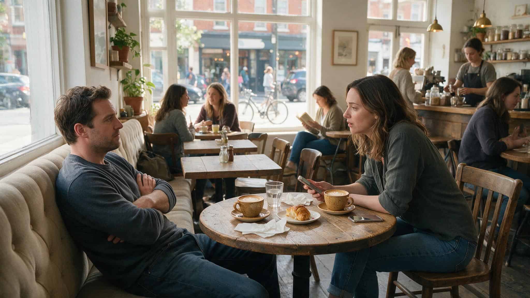 Is 'Babe' a Flirty Word? How to Decode Intent with Expert Quotes 2 Couple at a cafe table with awkward body language and one person on their phone