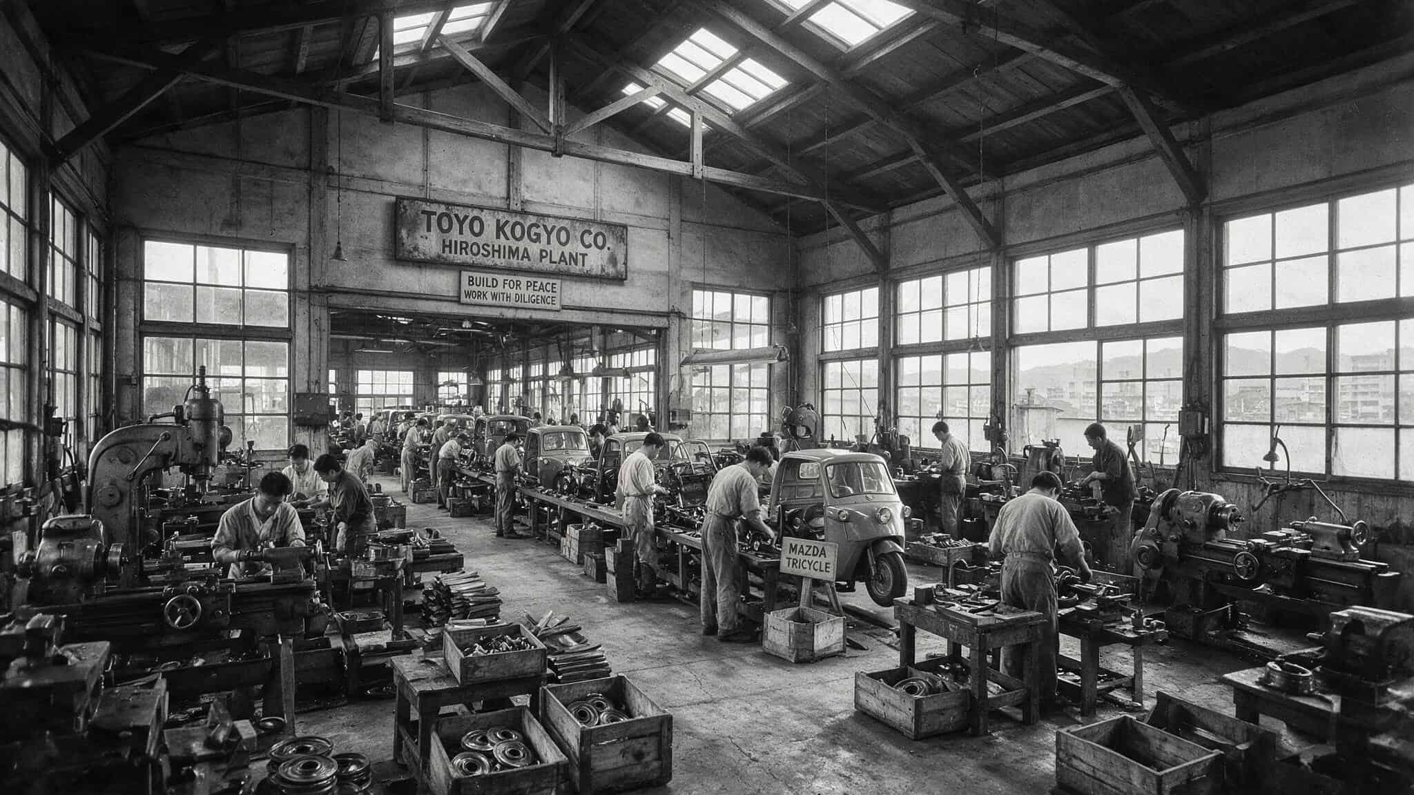 What Did Mazda Used to Be Called? From Toyo Cork Kogyo to Mazda 2 Toyo Kogyo factory in Hiroshima during the 1950s, where Mazda vehicles were built under the corporate name.