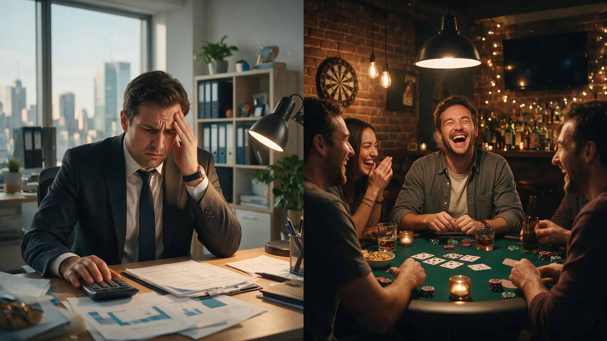 Authentic Masculinity, Money, Sex, and Happiness: What 16,000 People Reveal 2 Comparison of traditional stressed breadwinner and authentic masculinity with friends at a poker game.