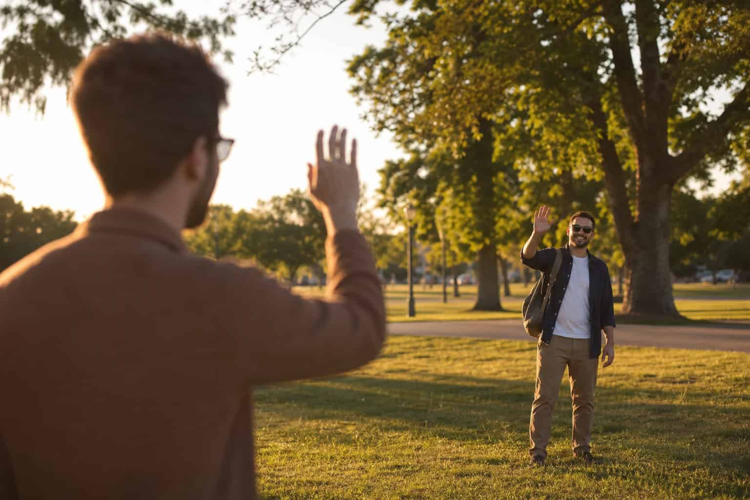Goose Dating App Download: Why You Can't Get It Yet (56,000 Pre-Downloads) 4 Two men waving at each other in a sunny park, representing the Goose wave feature.