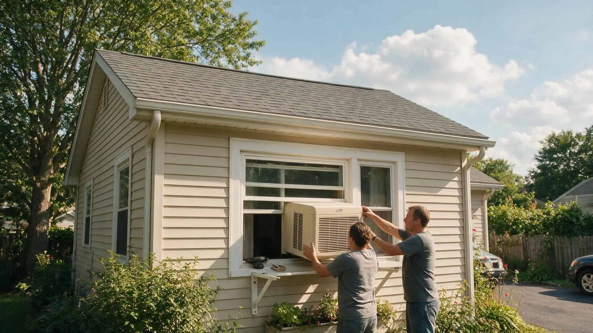 AC BTU Room Size Chart: Printable Guide for 10x10 to 20x20 Bedrooms 4 Two people installing a window air conditioner on a sunny afternoon at a suburban house.