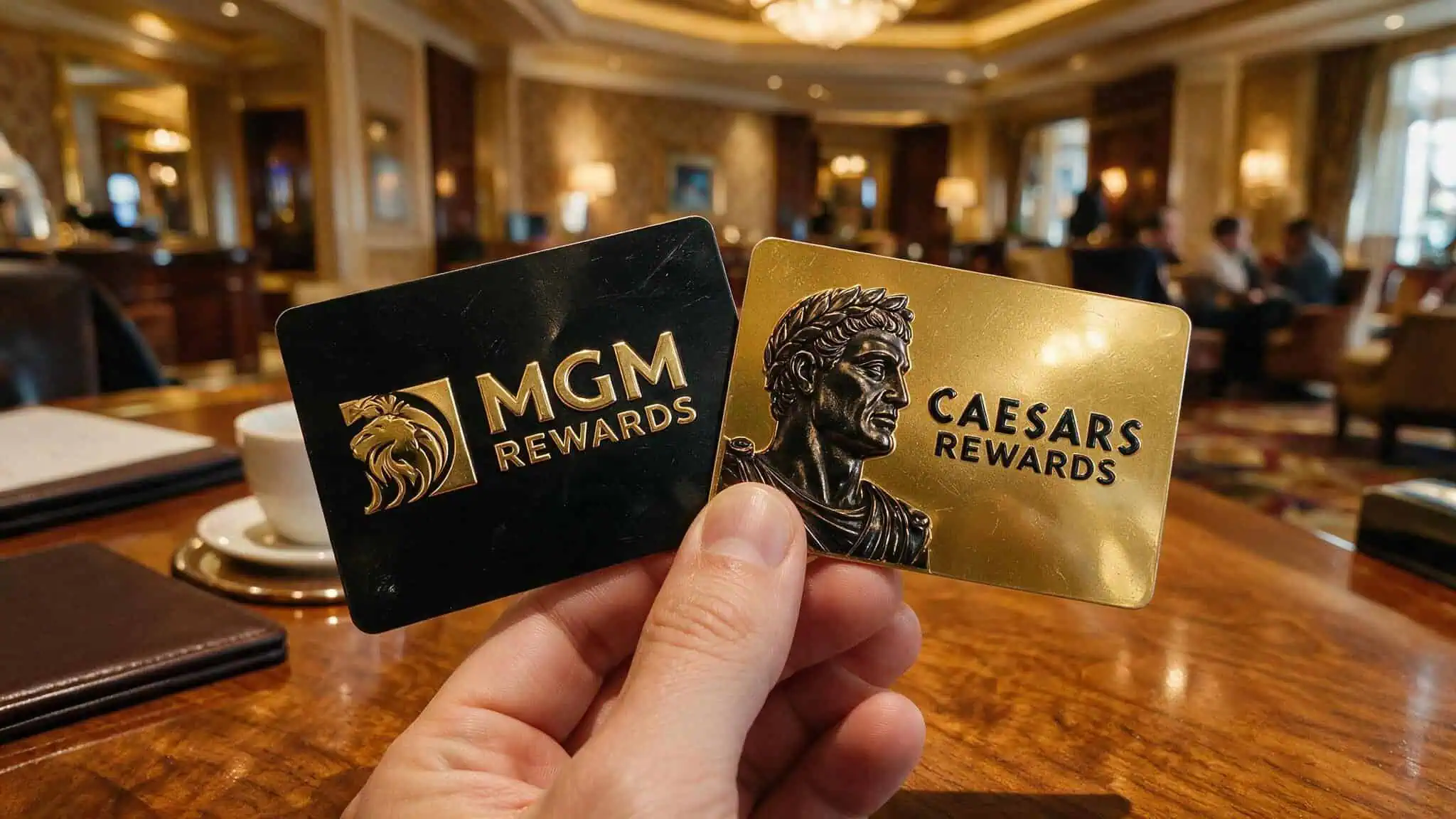 Hand holding two casino loyalty cards labeled MGM Rewards and Caesars Rewards