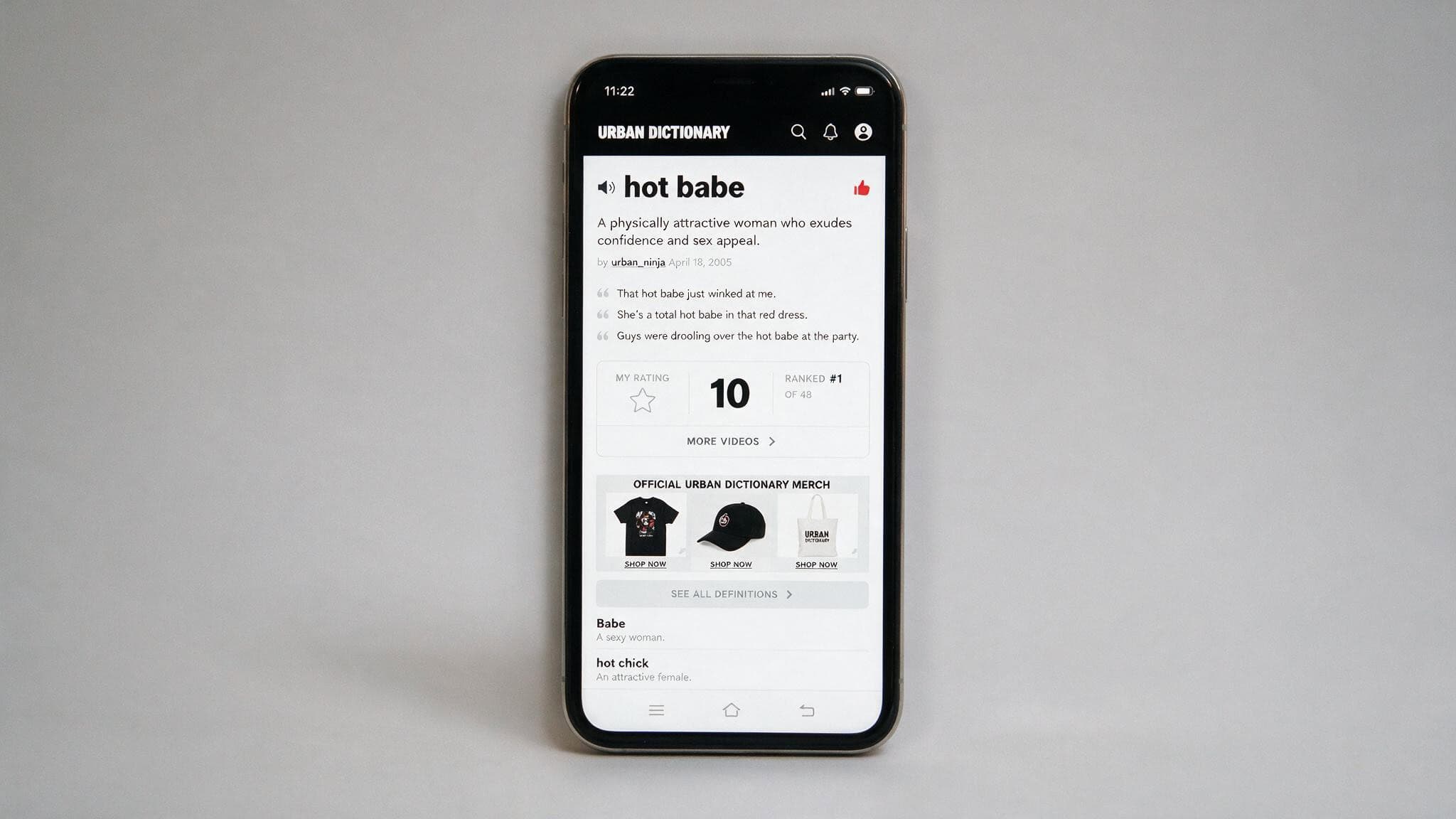 What Does 'Hot Babe' Mean on Urban Dictionary? Exact Definition 2 Smartphone displaying Urban Dictionary hot babe entry with score 10