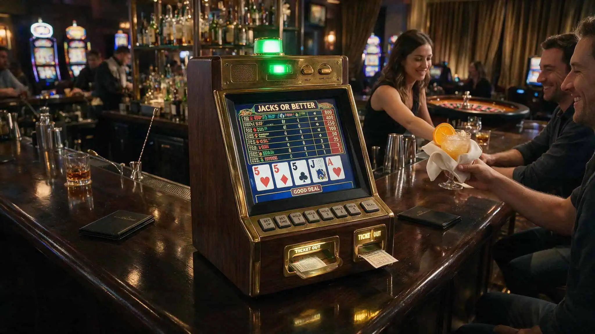 Bartop video poker machine with green light indicating active play and cocktail waitress serving a drink