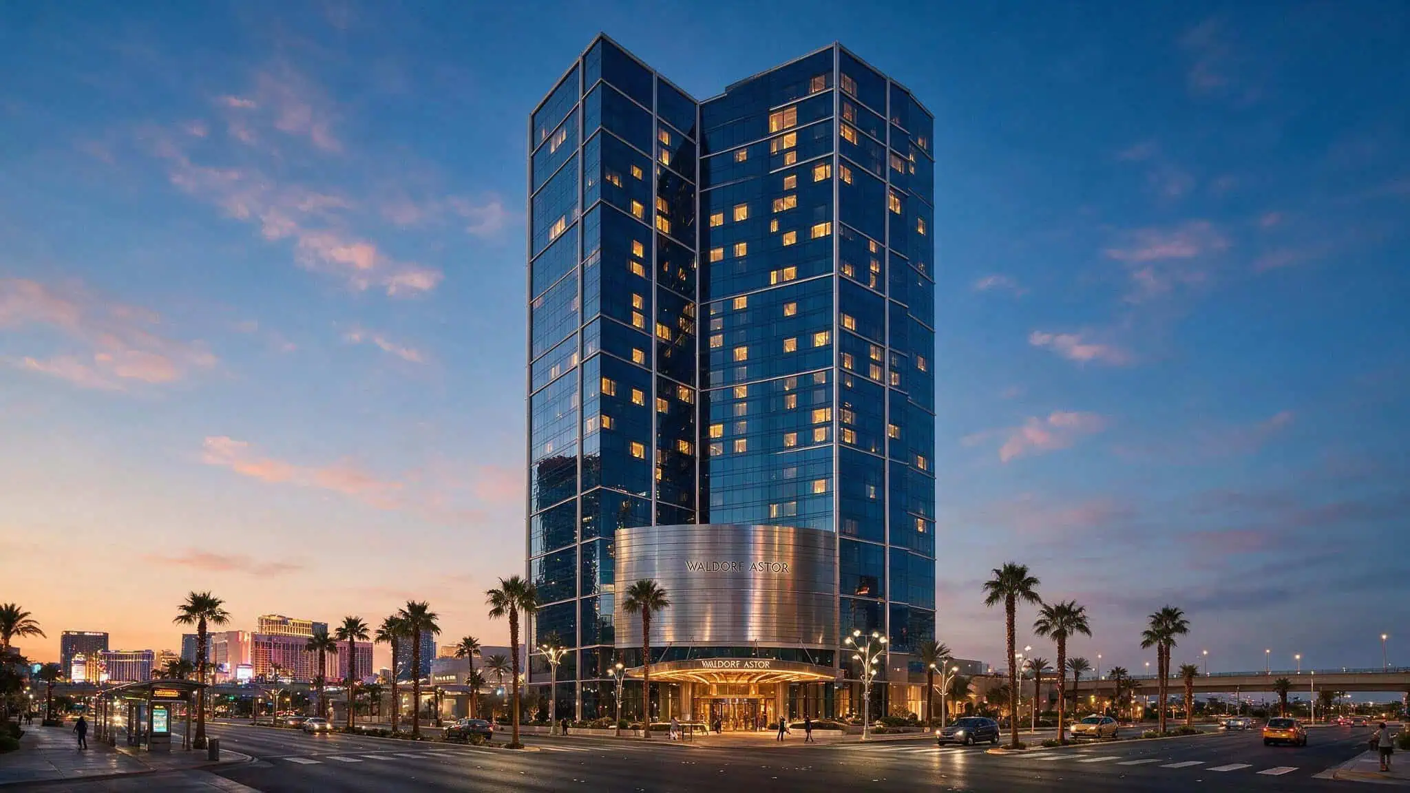 Waldorf Astoria Las Vegas non-gaming hotel exterior on the Strip at dusk