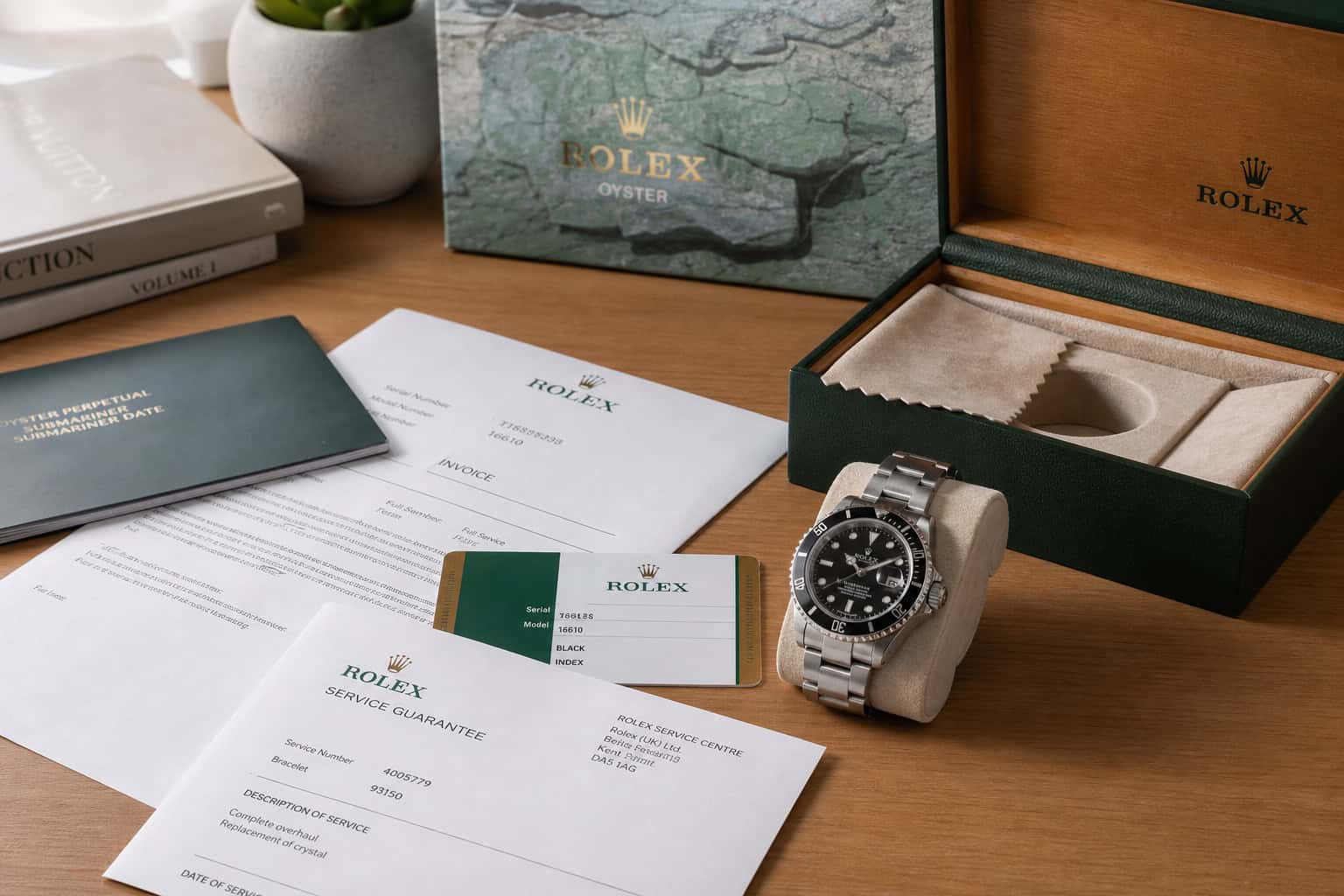 Watch box with papers and service records for resale value