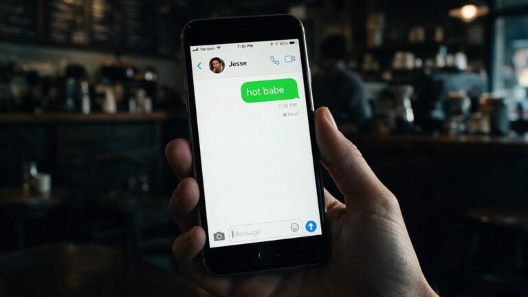 Smartphone screen displaying a 'hot babe' text message in a coffee shop setting.