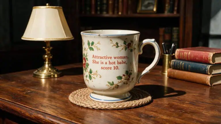 Urban Dictionary mug with hot babe definition on a wooden desk