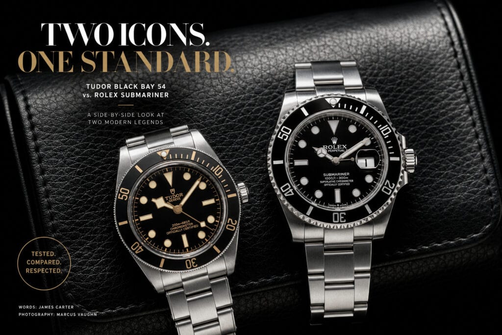 Comparison of Rolex Submariner and Tudor Black Bay 54 dive watches showcasing luxury design and craftsmanship.