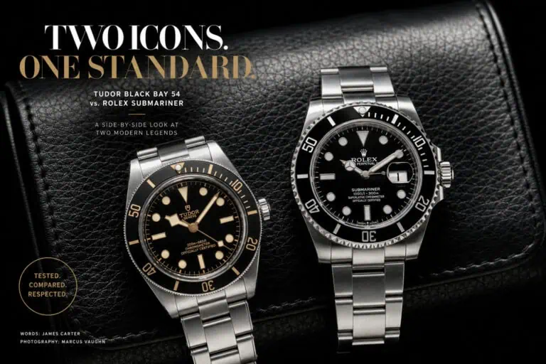 Comparison of Rolex Submariner and Tudor Black Bay 54 dive watches showcasing luxury design and craftsmanship.