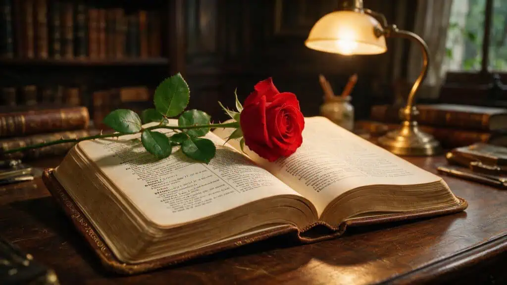 Vintage dictionary open on a desk with a red rose, symbolizing choosing the right word for romance.