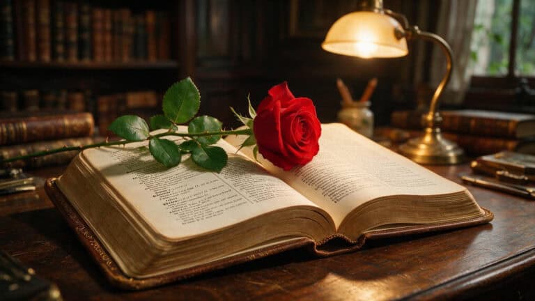 Vintage dictionary open on a desk with a red rose, symbolizing choosing the right word for romance.