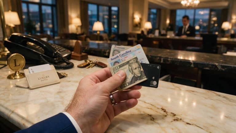 Folded $20 bill tucked between ID and credit card for the Vegas hotel upgrade trick.