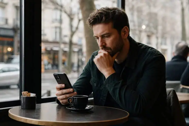 A man with dark hair and beard, wearing a black jacket, sitting at a cafe table, looking thoughtfully at his smartphone with a coffee cup in front of him.