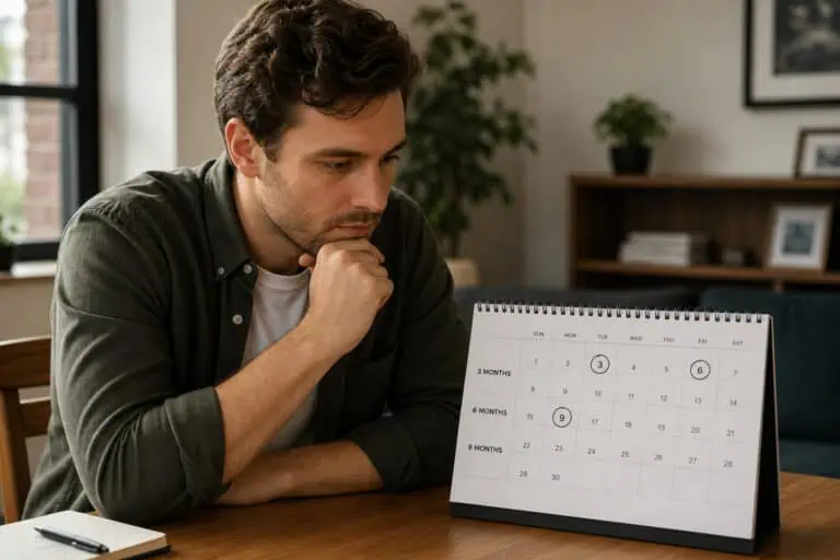 Thoughtful man planning with a desk calendar in a modern home office setting.