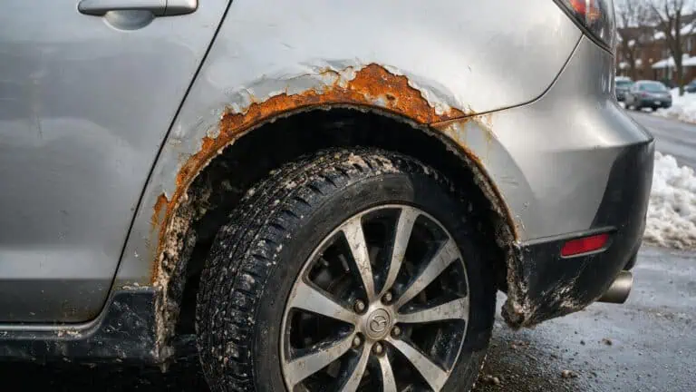 Close-up of rust bubbling through paint on a 2000s Mazda3 rear wheel arch