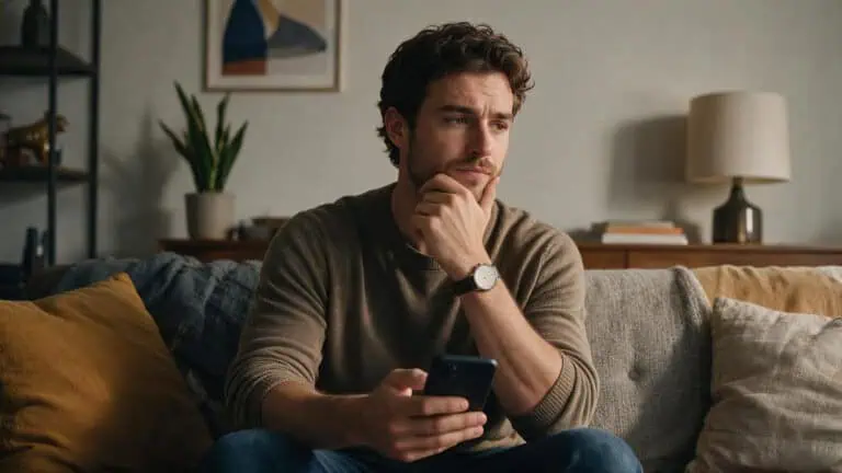 Man sitting on couch looking at phone, wondering what being called babe means
