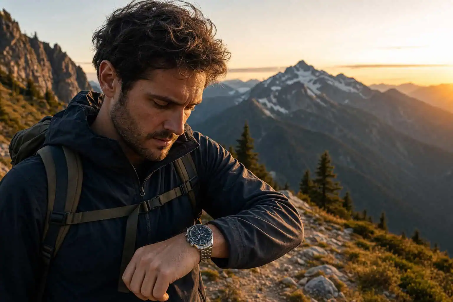 Omega vs Rolex Owners: Age, Income, and What Drives the Choice 6 Young man in hiking gear checking his Omega Speedmaster watch on a mountain trail