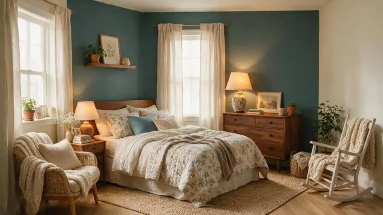 A cozy bedroom featuring a bed with floral bedding, wooden furniture, and soft lighting creating a warm and inviting atmosphere.