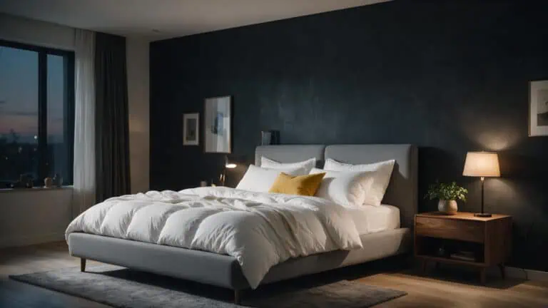 Elegant modern bedroom featuring a large bed with white bedding, a dark accent wall, and warm lighting from bedside lamps, creating a cozy and inviting atmosphere.