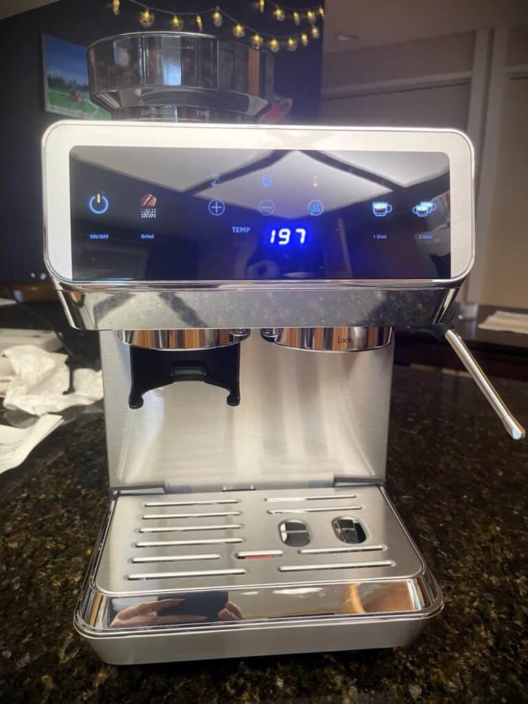 AMZCHEF Espresso Machine Review: 44 Grind Settings and Temperature Control Tested 7 Unfinished Man espresso machine with digital display showing 197°F, featuring multiple control buttons and a steam wand, on a kitchen countertop.
