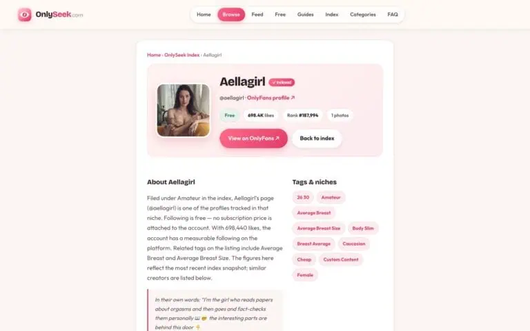 Screenshot of OnlySeek's search tool showcasing creator profiles, including Aellagirl, with profile details and tags for the creator economy.
