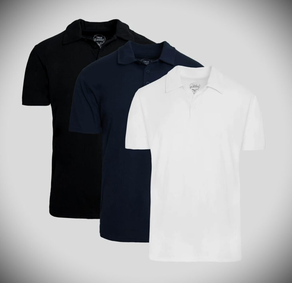 True Classic Polo Review: Does the Fit Really Highlight Your Shoulders and Arms? 2 Three True classic polo shirts in black, navy, and white displayed on a plain background.
