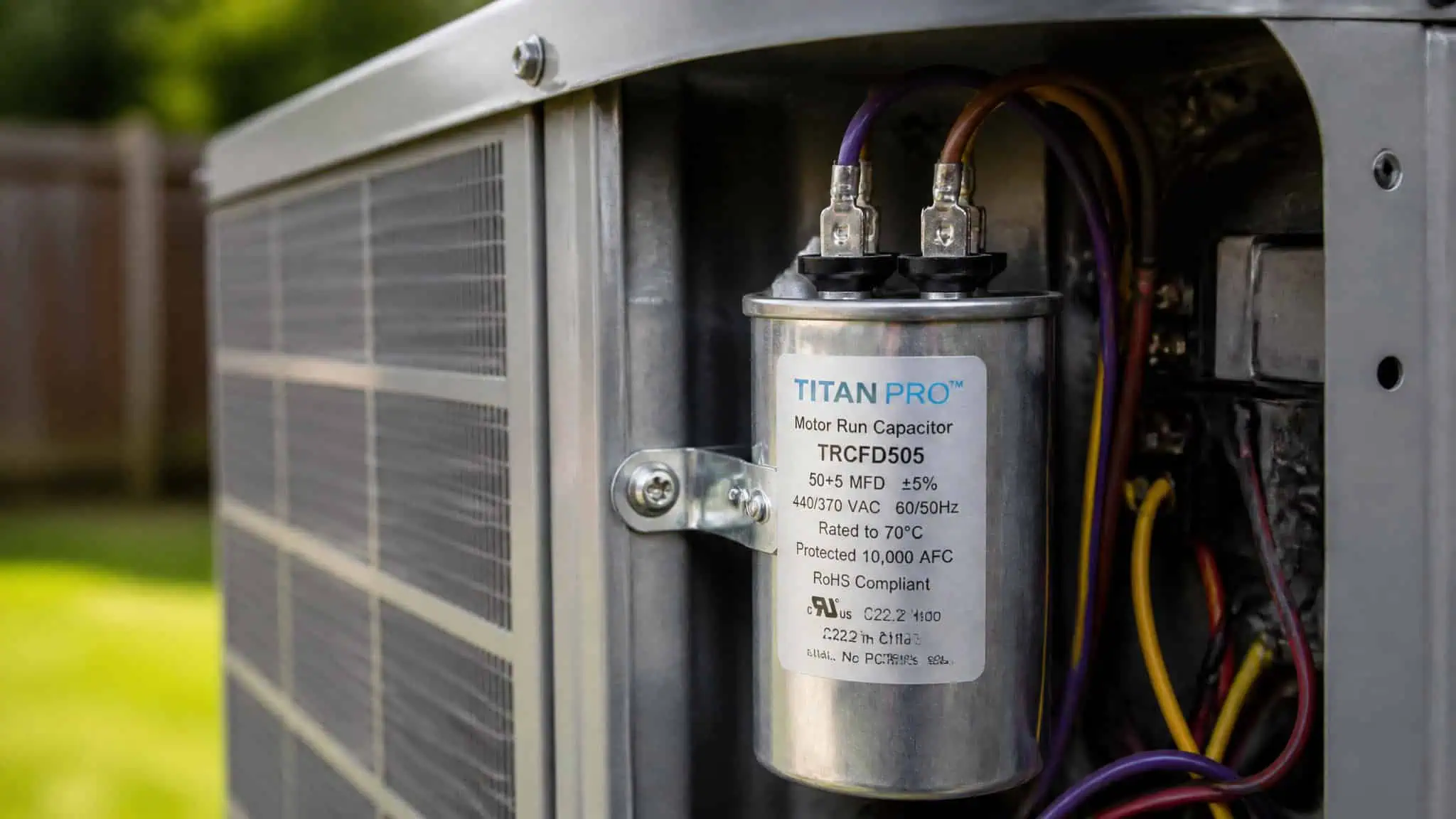 Close-up of a Titan Pro motor run capacitor installed in an HVAC unit, with visible wiring and metal casing, outdoors on a sunny day.
