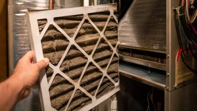 Person holding a dirty HVAC air filter next to an air conditioning unit, illustrating maintenance and filter replacement.