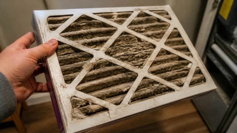 Close-up of a hand holding a dirty air filter with visible dust and debris, ready for replacement in an HVAC system.