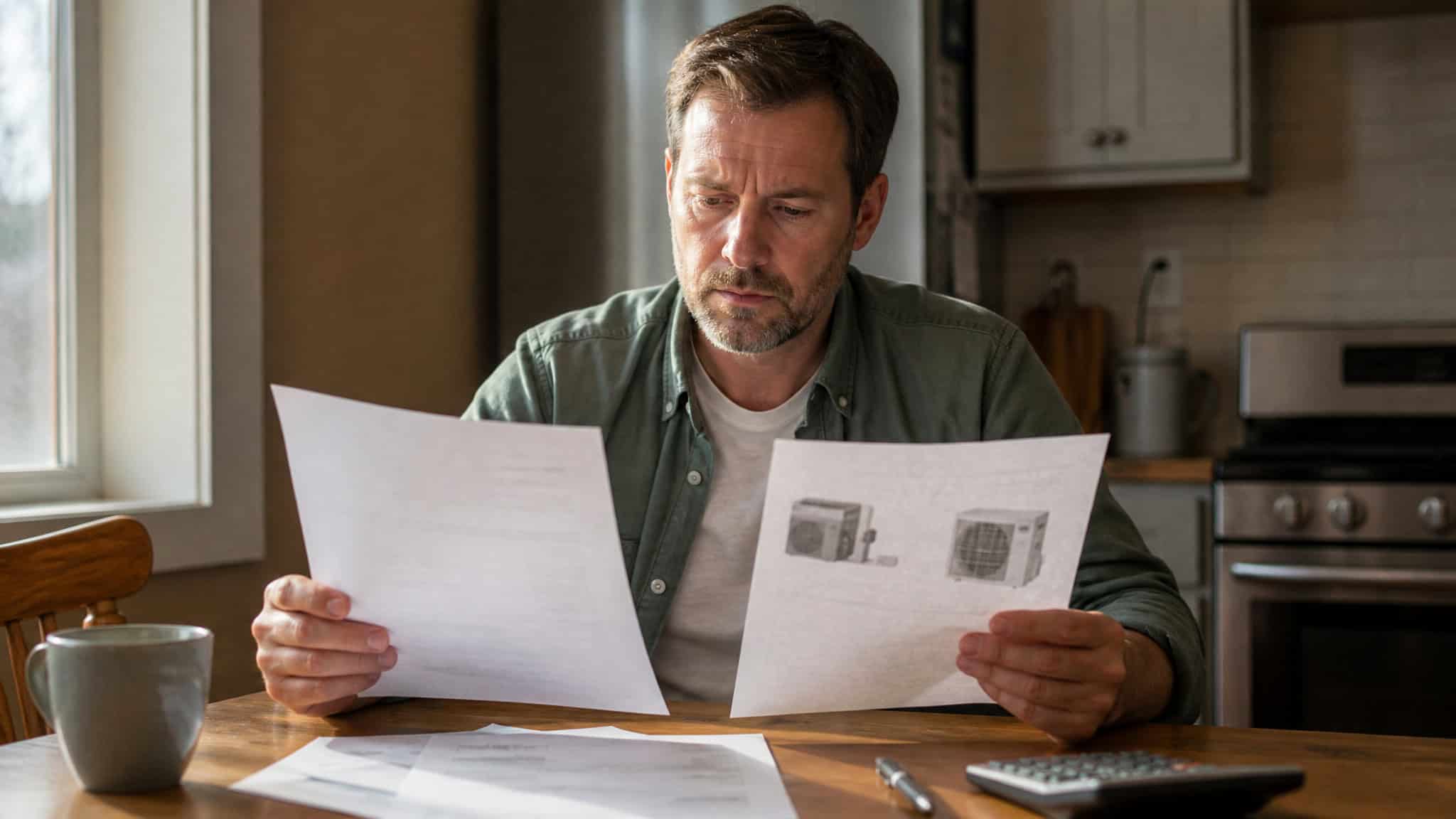 AC Making Strange Noises? Decode 8 Sounds and Know When to Call a Pro 3 Homeowner comparing AC repair invoice with new system price quote on kitchen table