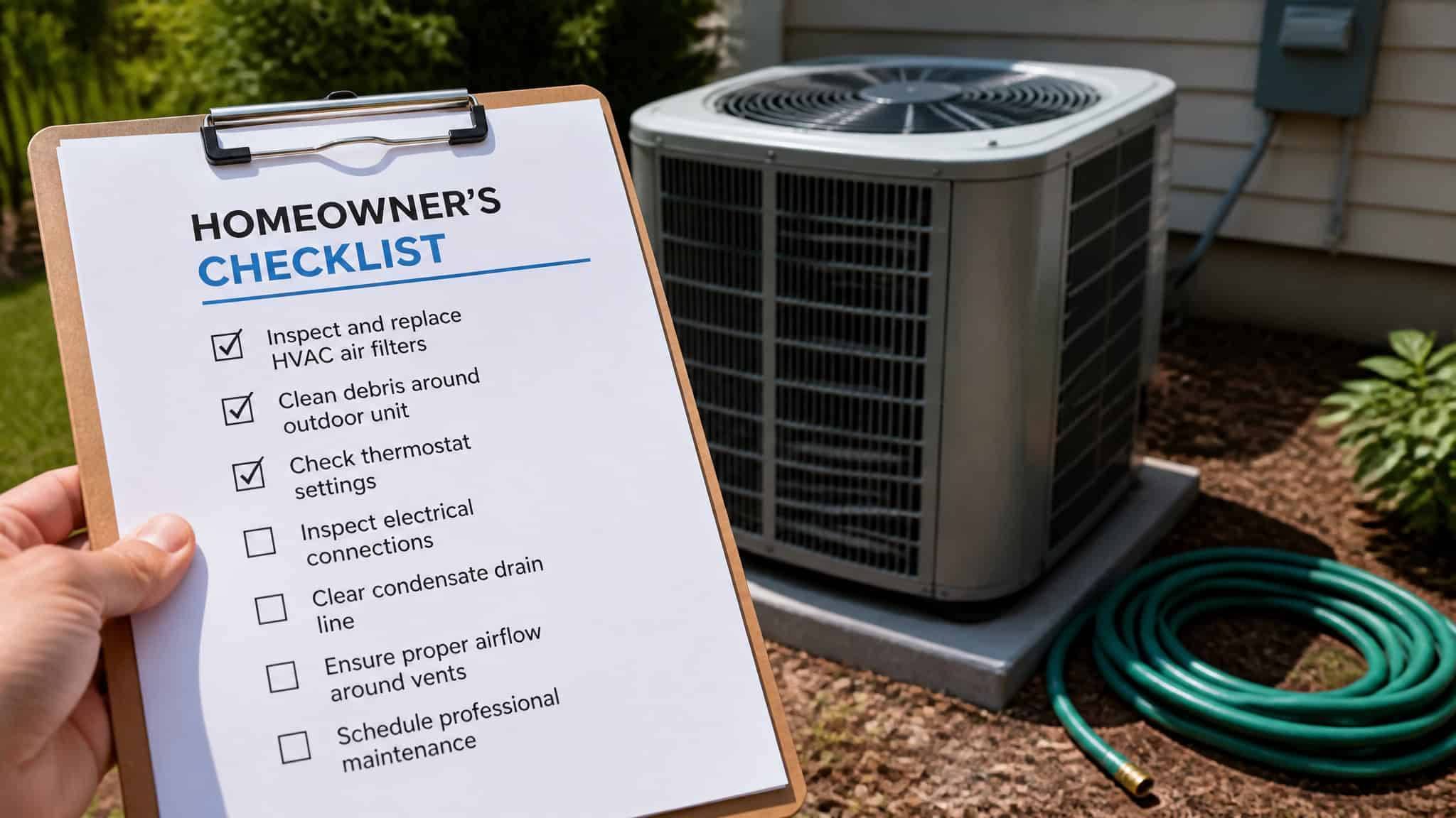 AC Not Cooling Enough? 5 DIY Checks Before You Call a Pro 4 Homeowner's AC troubleshooting checklist with garden hose and outdoor unit