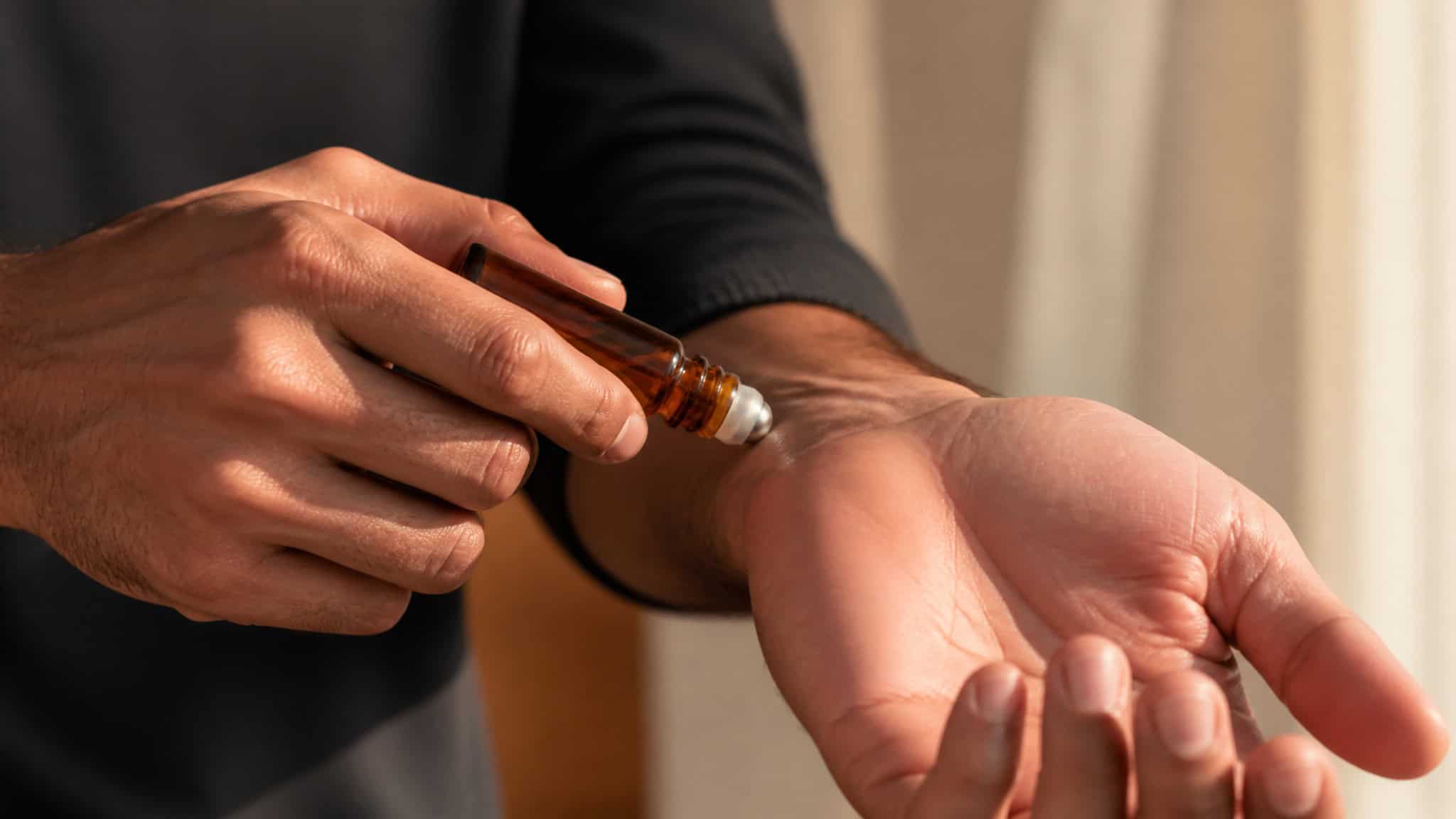 Smellmaxxing: The Science-Backed Layering Routine That Lasts All Day 2 Close-up of a person applying essential oil to their palm using a small glass dropper, emphasizing wellness and self-care.