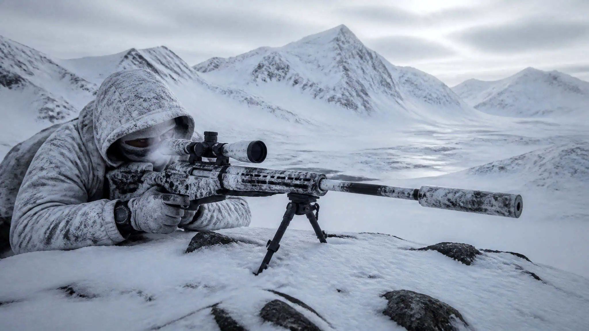 How to Become an Army Sniper: The 7-Week Course and Drone-Era Training 5 Sniper in winter camouflage in arctic snow, demonstrating extreme-environment fieldcraft and concealment.