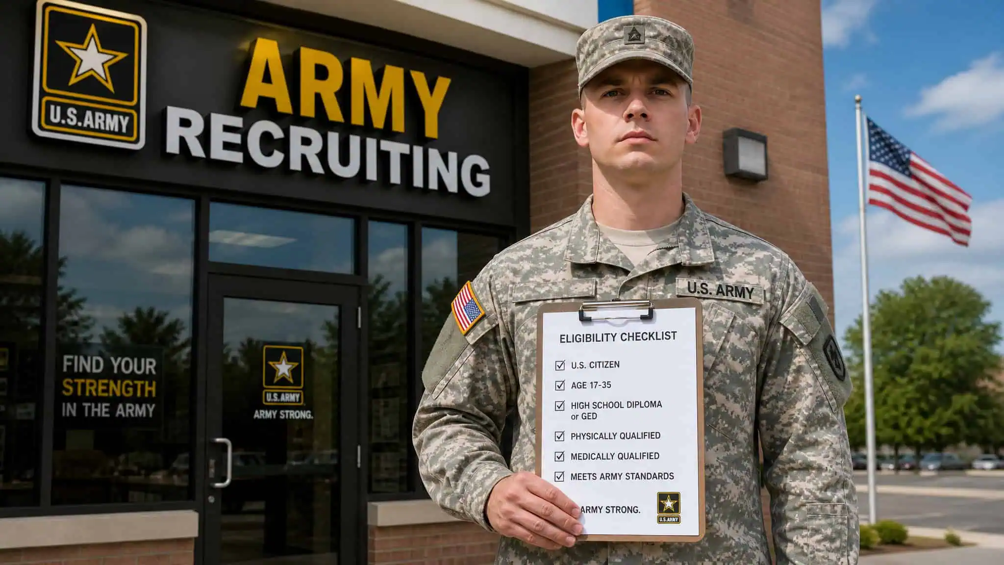 How to Become an Army Sniper: The 7-Week Course and Drone-Era Training 3 Soldier reviewing eligibility checklist at Army recruitment office, representing sniper school prerequisites.