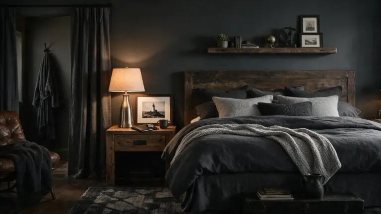 Elegant bedroom featuring dark walls, a wooden bed frame, and soft lighting creating a warm, inviting atmosphere.