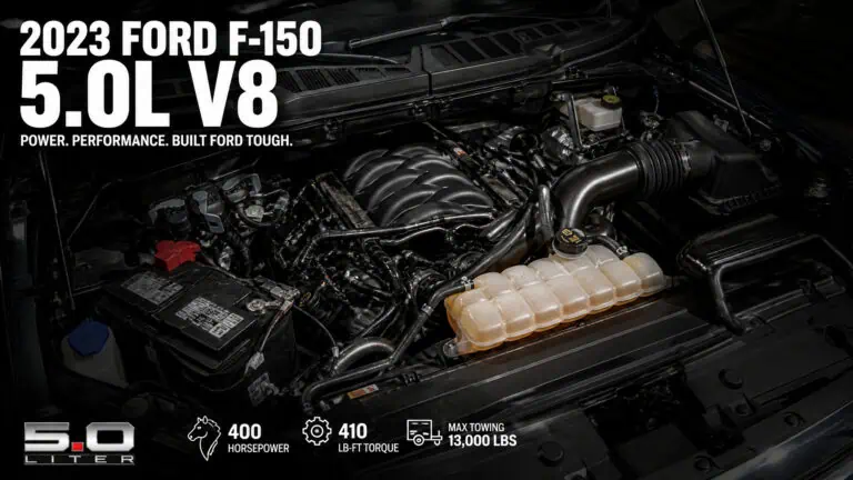 Close-up of the 2023 Ford F-150 engine showcasing the 5.0L V8 powertrain and performance features.