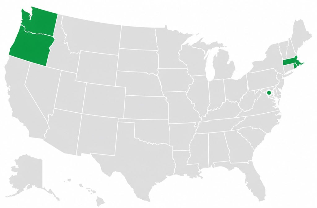 Home Health Aide Pay 2026: $17.36/hr Average, Top States & Policy Threat to Your Paycheck 2 Map of the United States with California, Oregon, Washington, and New York highlighted in green, indicating focus regions.