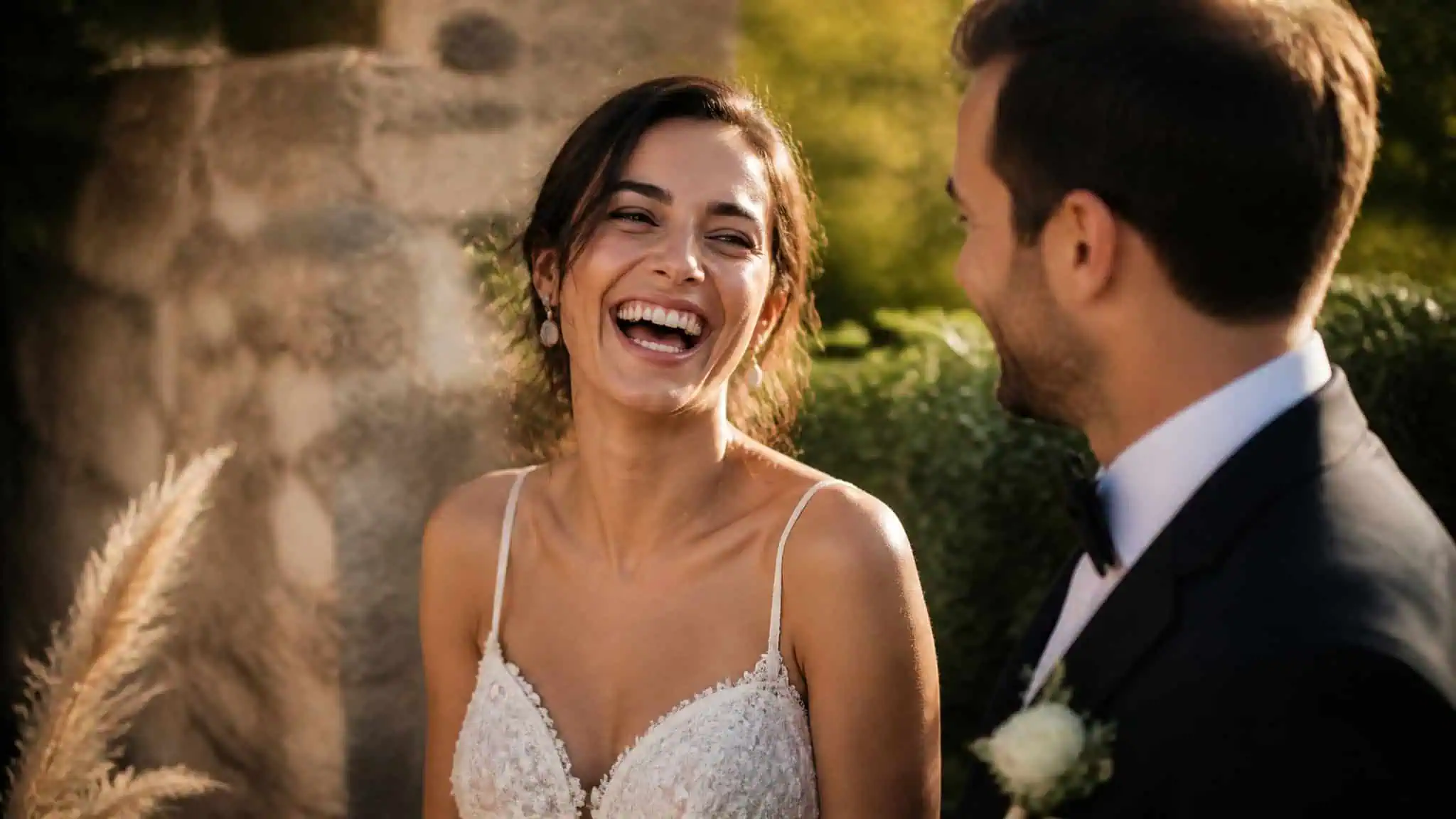 Bride laughing confidently in wedding dress while groom admires her