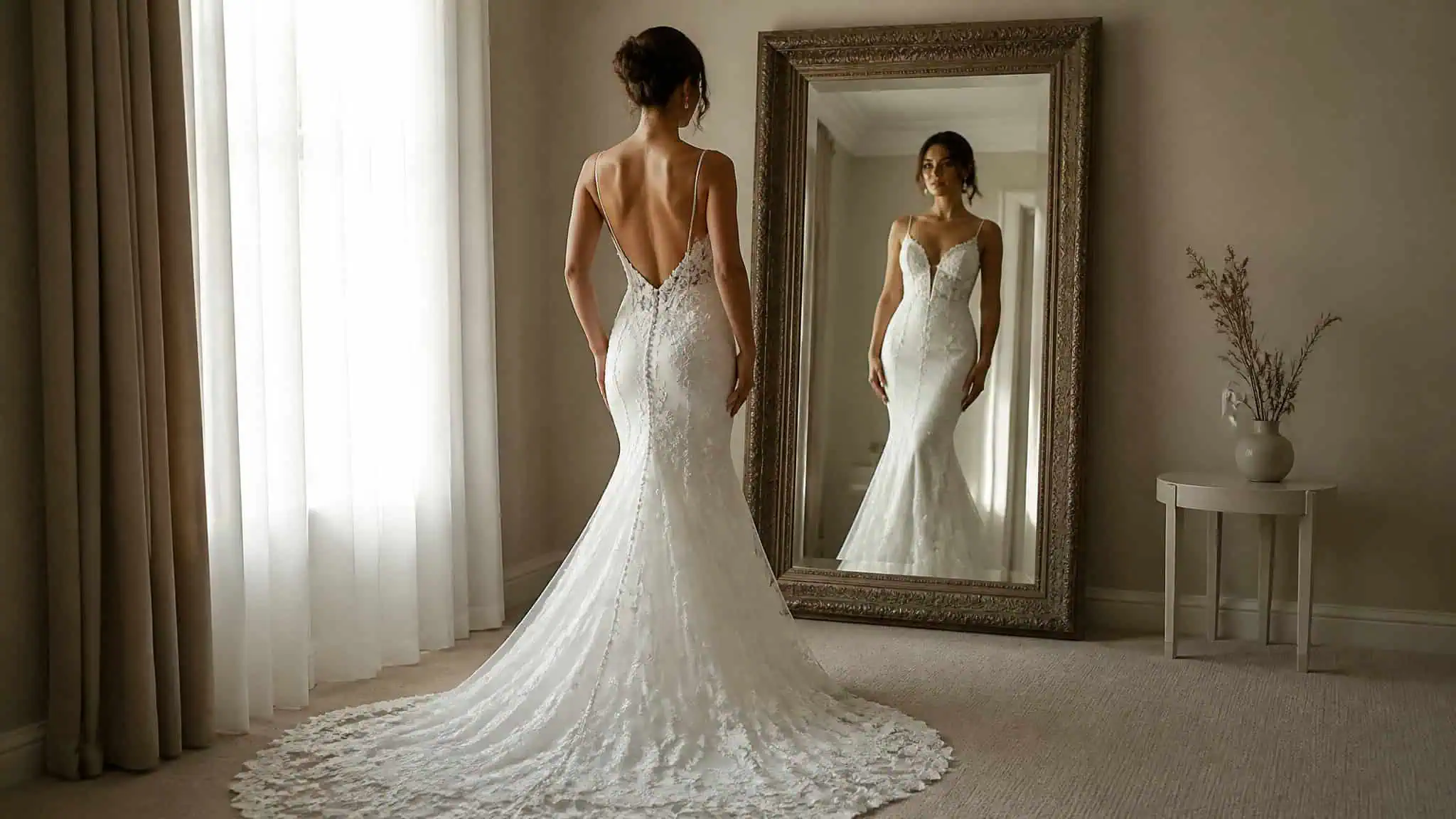 Bride's silhouette in wedding dress seen in mirror reflection