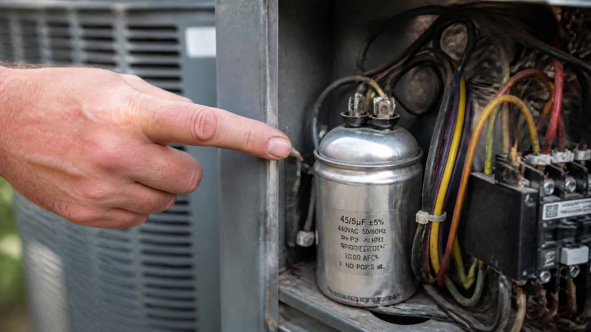 AC Capacitor Failure Symptoms: 9 Warning Signs Your AC Is About to Break Down 2 Close-up of a person's hand pointing at an electrical capacitor inside an electrical panel, highlighting maintenance and safety.
