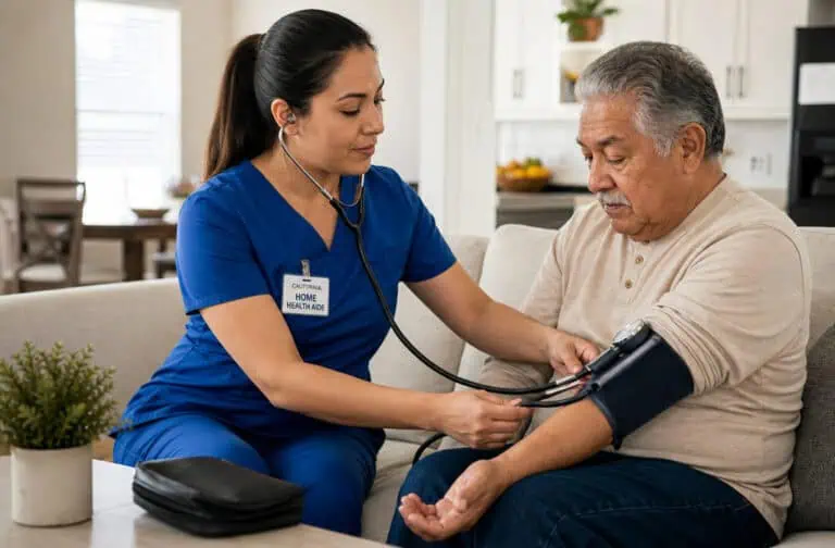Home healthcare nurse in blue scrubs measuring an elderly man's blood pressure with a sphygmomanometer in a cozy living room.